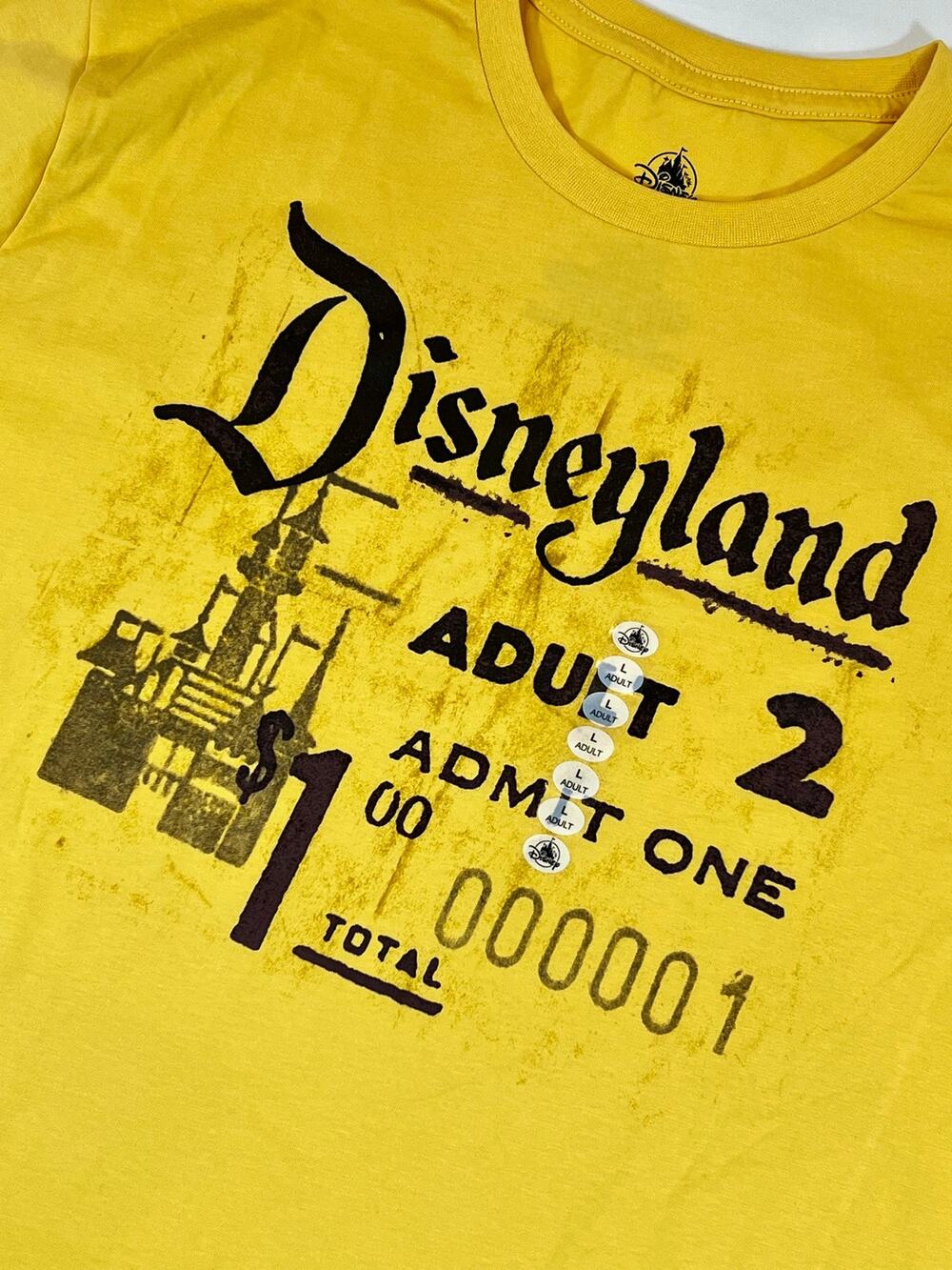 Disneyland First Admission Ticket Anniversary Yellow Adult Tee - NWT Large